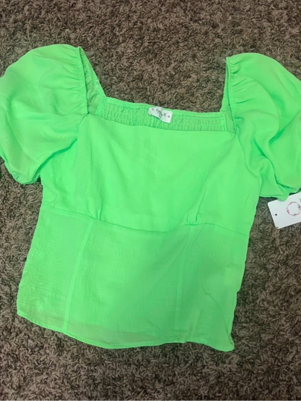 Puff Sleeve Square Neck Blouse in Neon Green